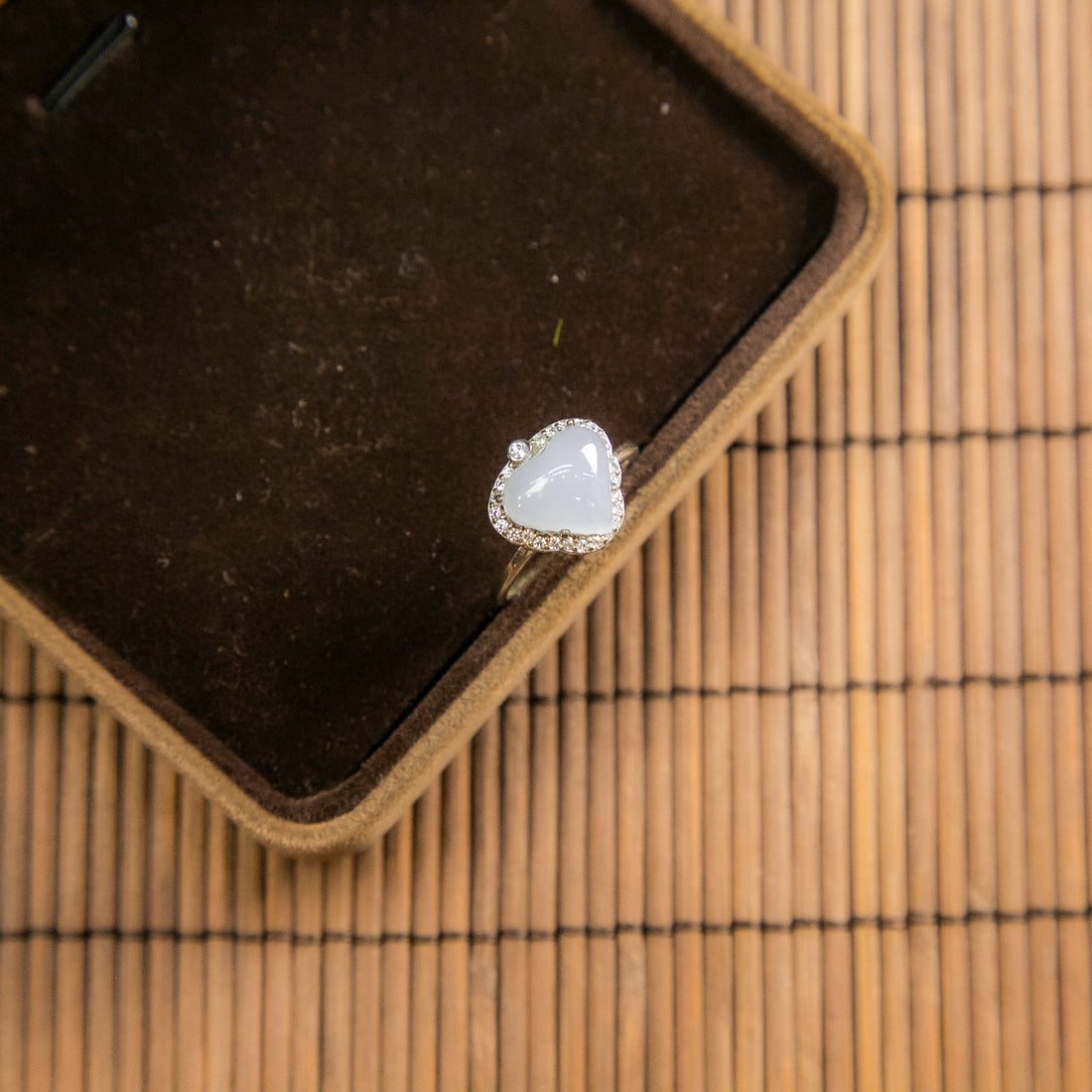 S925鑲鋯石天然緬甸翡翠冰淡紫心形活動戒指