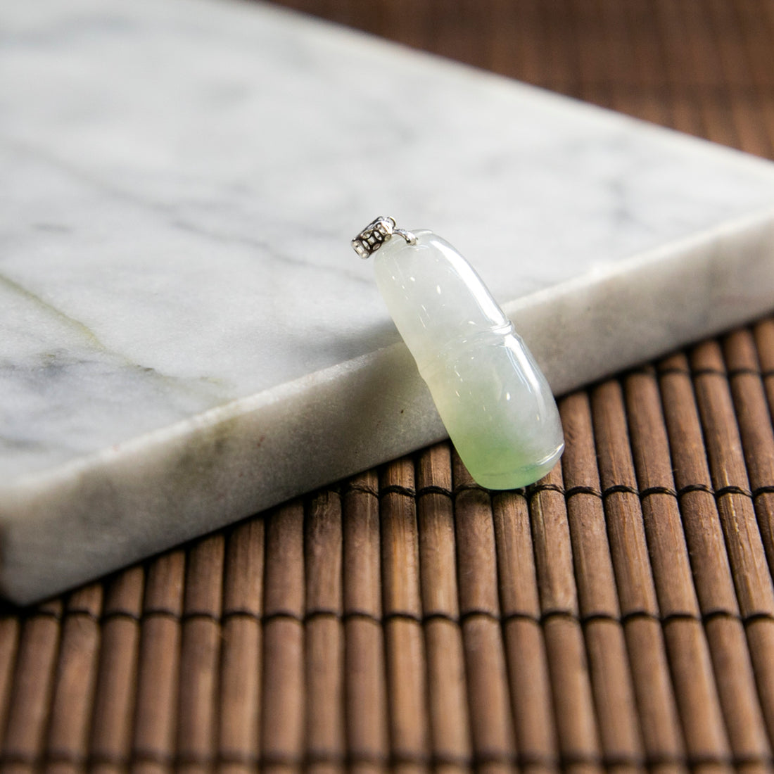 18K Gold Natural Burmese Jade Piao Hua Bamboo Pendant