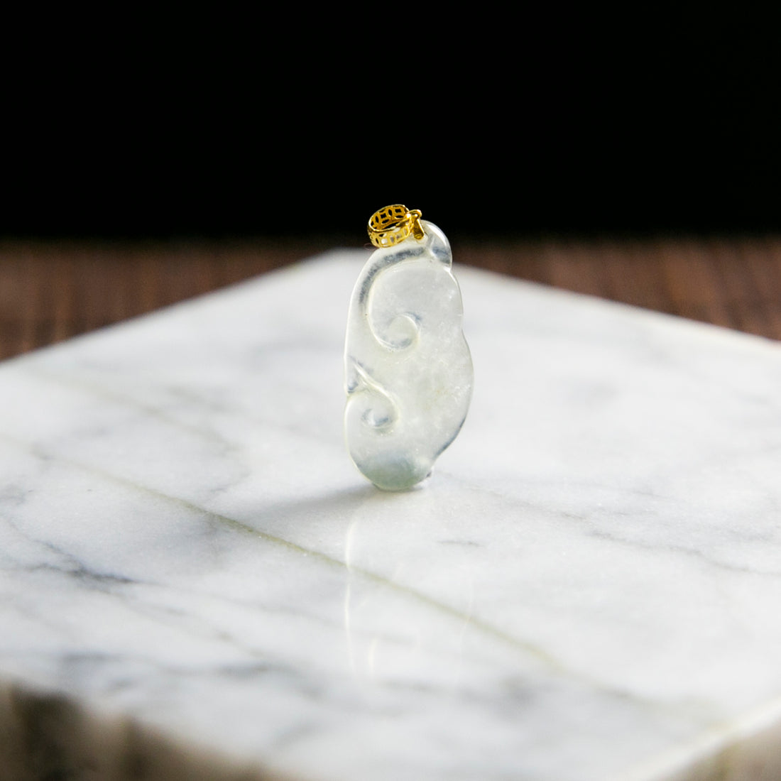 18K Gold Natural Burmese Jade Icy White Ruyi Pendant