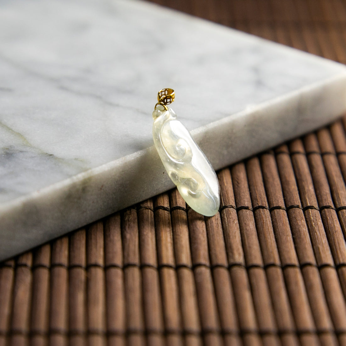 18K Gold Natural Burmese Jade Icy White Ruyi Pendant