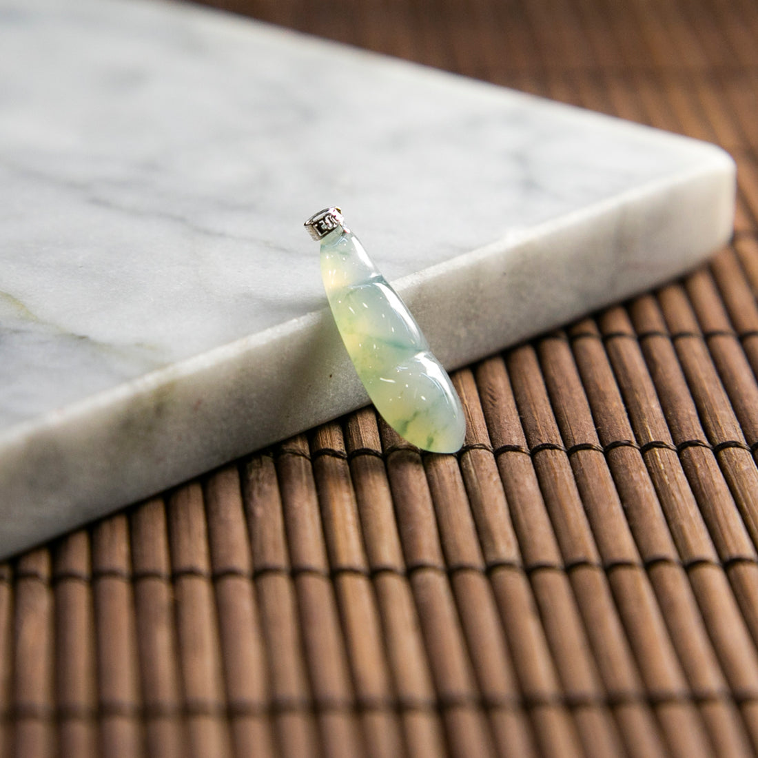 18K Gold Natural Burmese Jade Icy Piao Hua Bean Pendant
