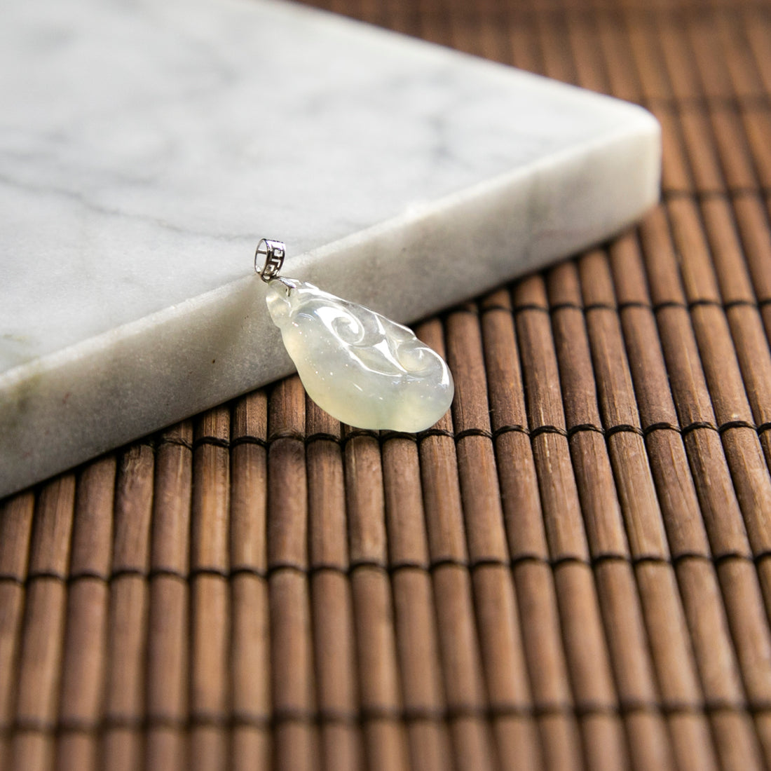 18K Gold Natural Burmese Jade Icy White Ruyi Pendant