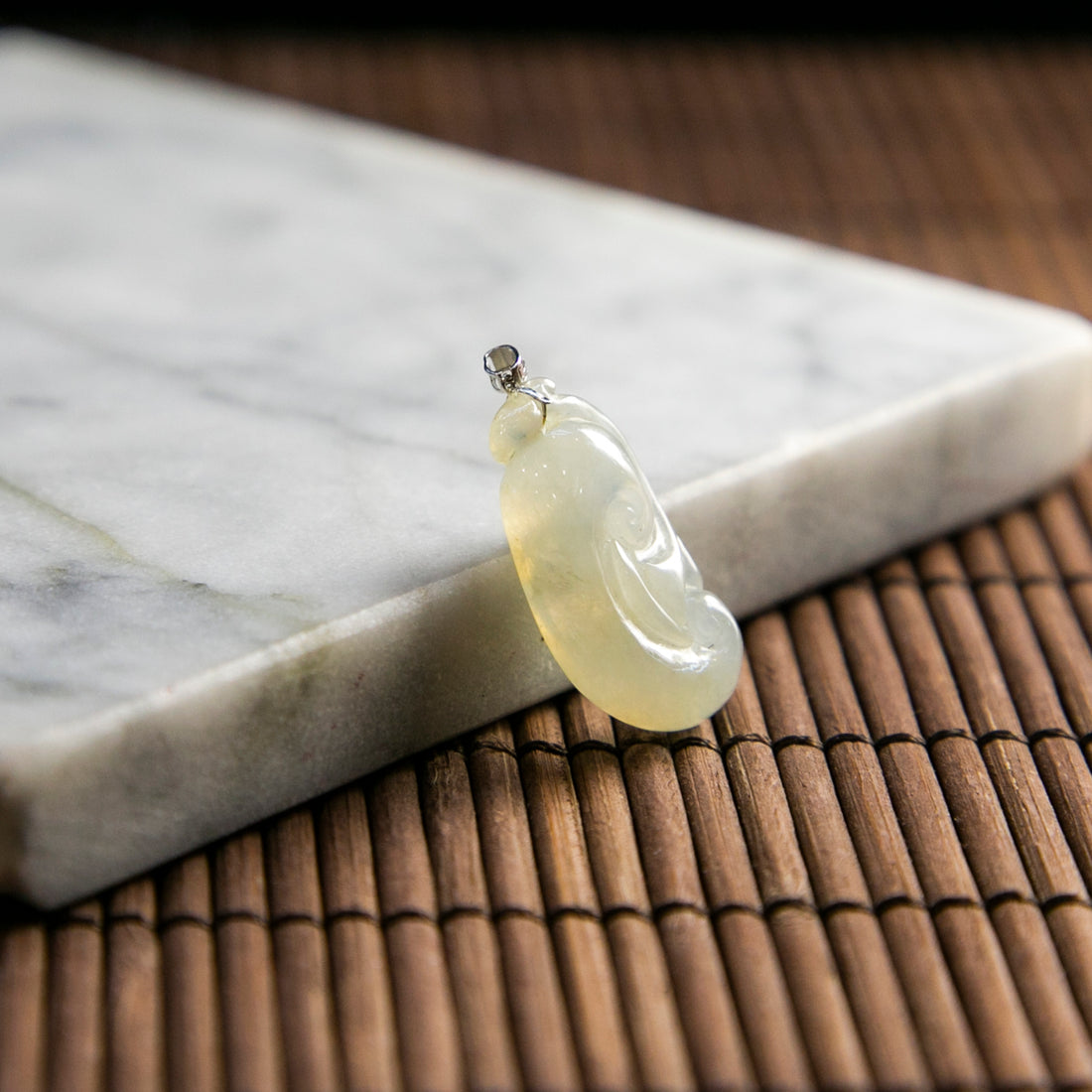 18K Gold Natural Burmese Jade Icy White Ruyi Pendant