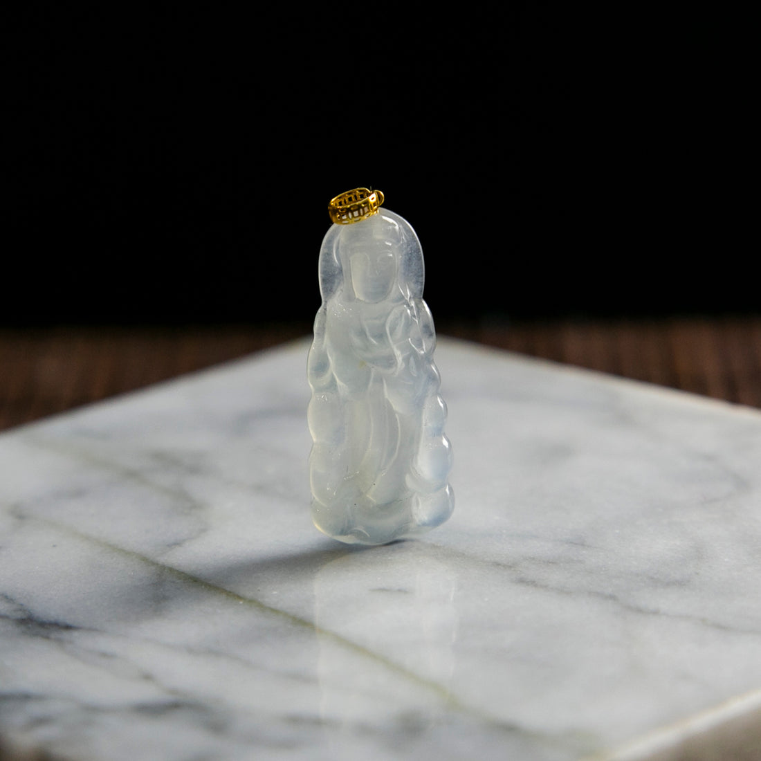 18K Gold Natural Burmese Jade Icy White Guanyin Pendant