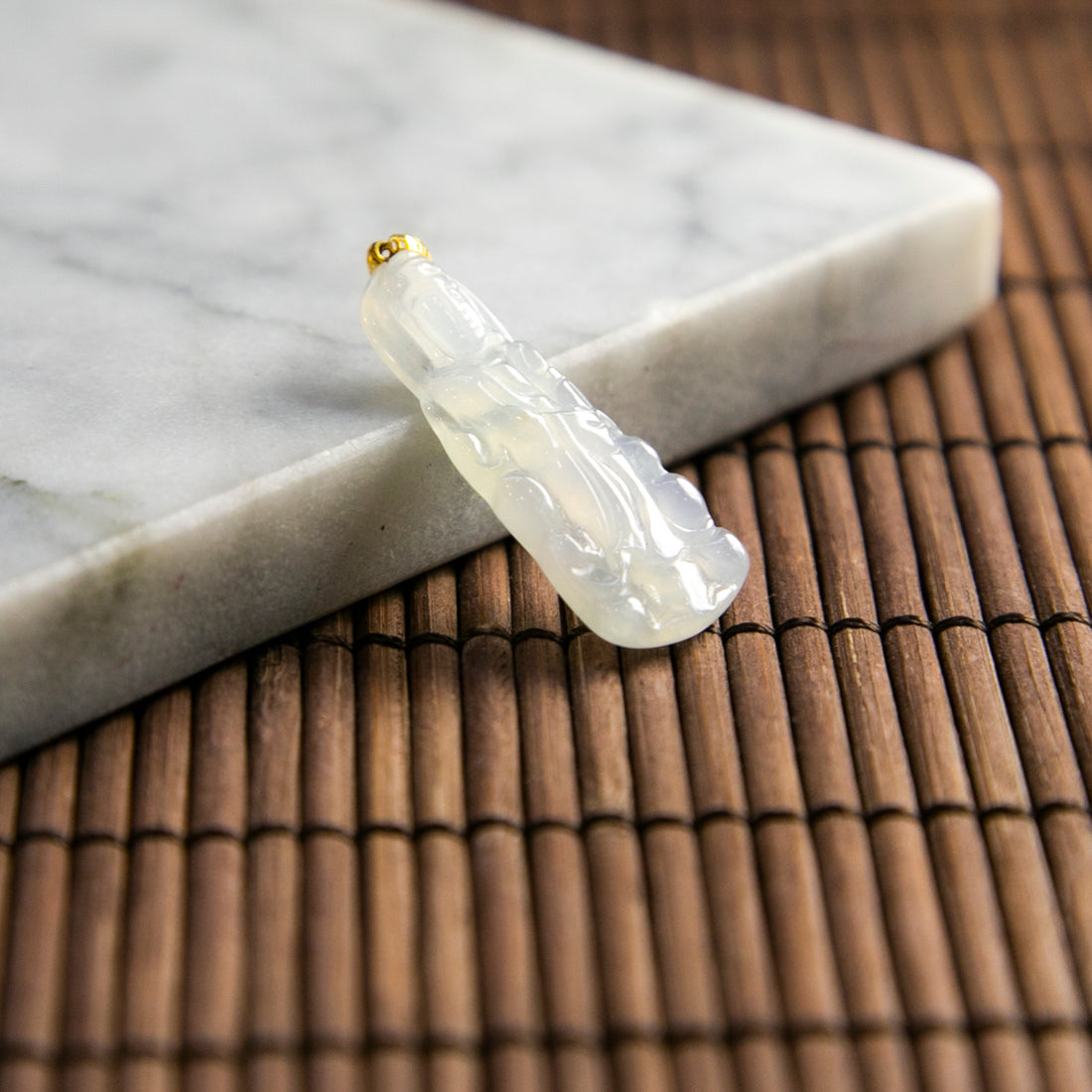 18K Gold Natural Burmese Jade Icy White Guanyin Pendant