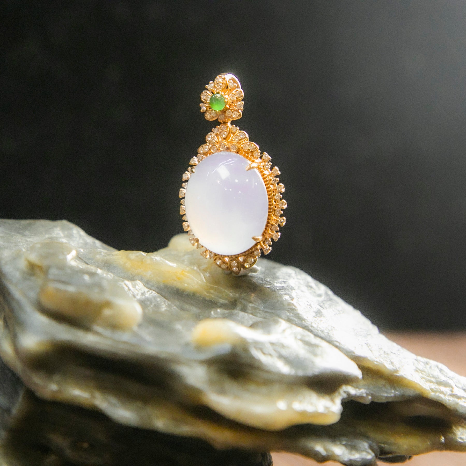 18K玫瑰金鑲鑽天然緬甸翡翠冰紫蛋面吊墜