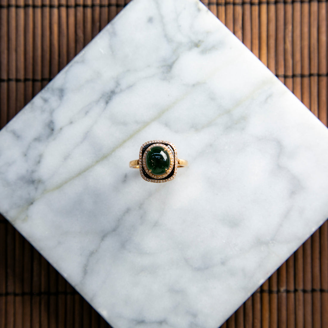 18K Platinum Diamond Natural Burmese Jade Ink Jade Cabochon Ring