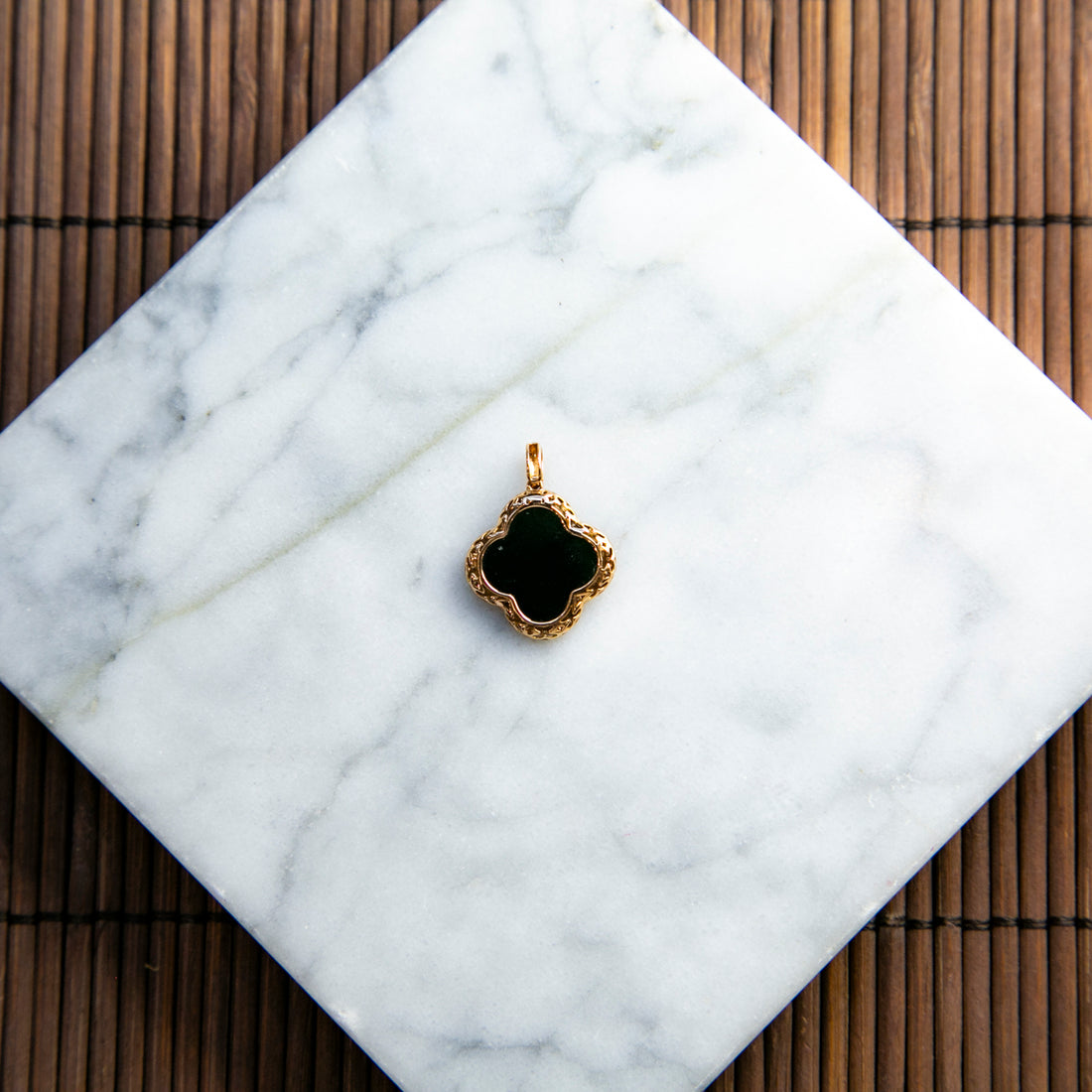 18K Gold Diamond Natural Burmese Jade Ink Jade Clover Pendant