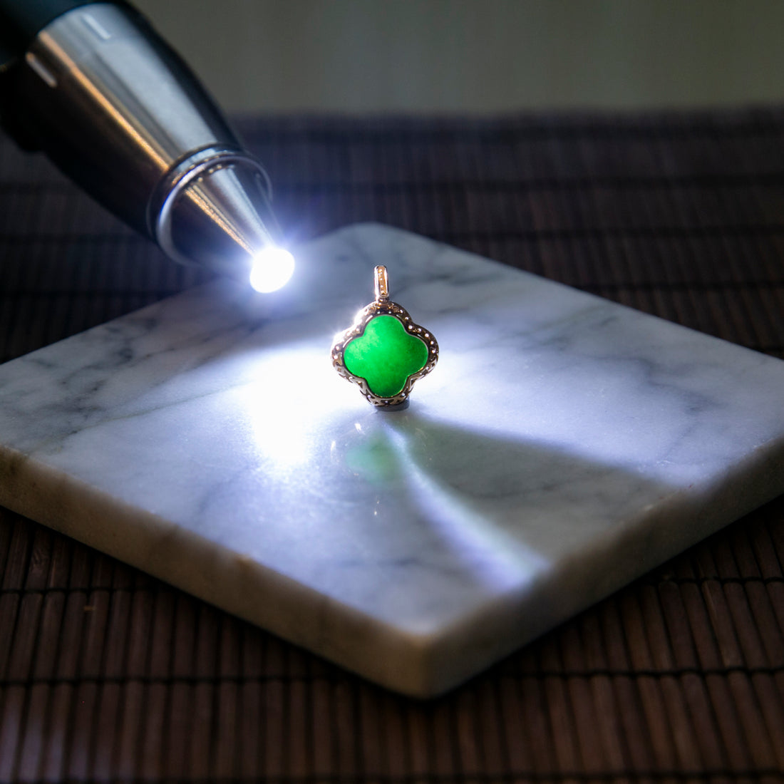 18K Gold Diamond Natural Burmese Jade Ink Jade Clover Pendant