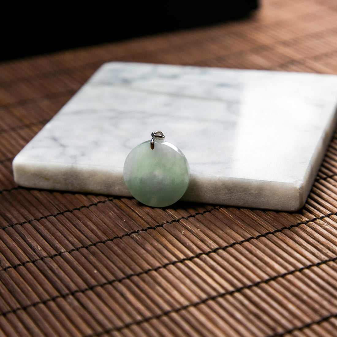 18K Platinum Natural Burmese Jade Green & Lavender with Cloud-Like Inclusion Circle Pendant