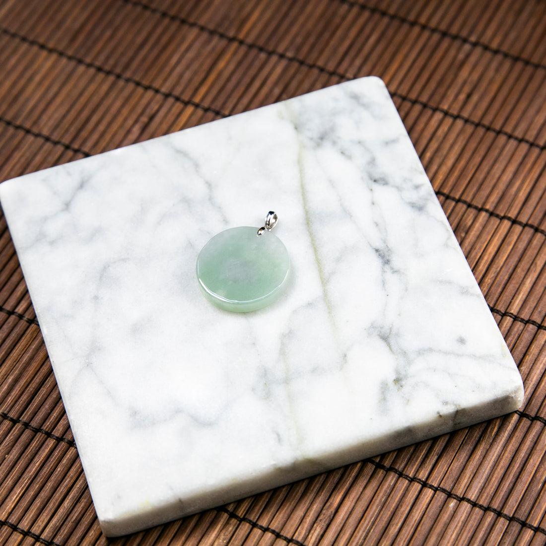 18K Platinum Natural Burmese Jade Green & Lavender with Cloud-Like Inclusion Circle Pendant