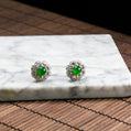 18K Platinum Diamond Natural Burmese Jade Imperial Green Cabochon Ear Studs