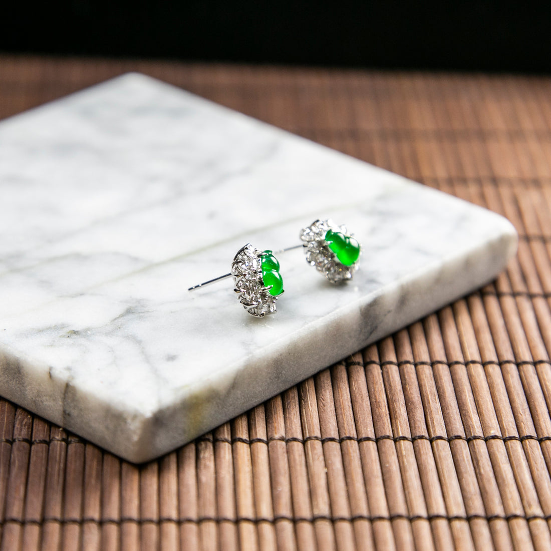 18K Platinum Diamond Natural Burmese Jade Imperial Green Gourd Ear Studs