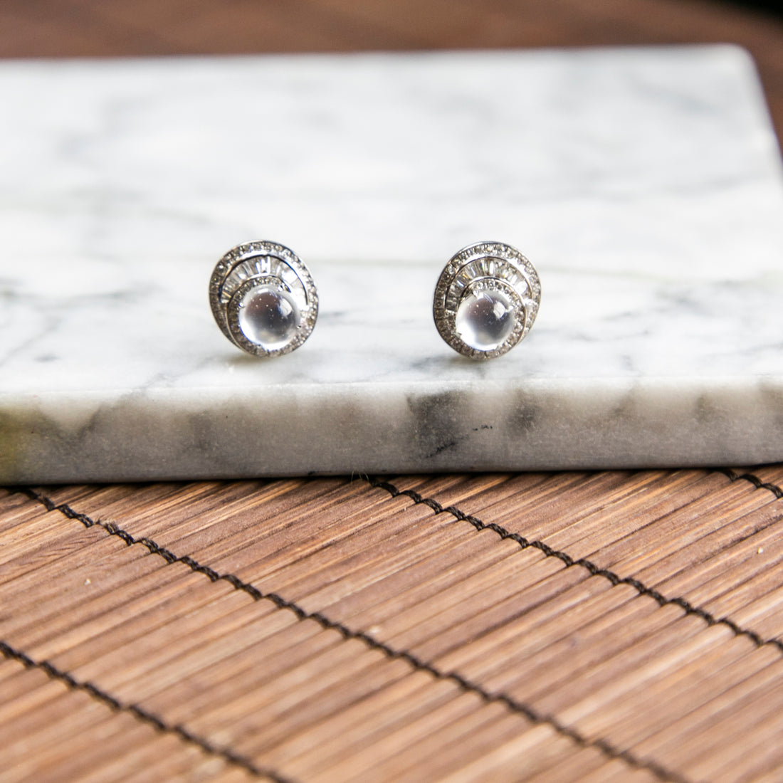 18K Platinum Diamond Natural Burmese Jade Glassy Cabochon Ear Studs