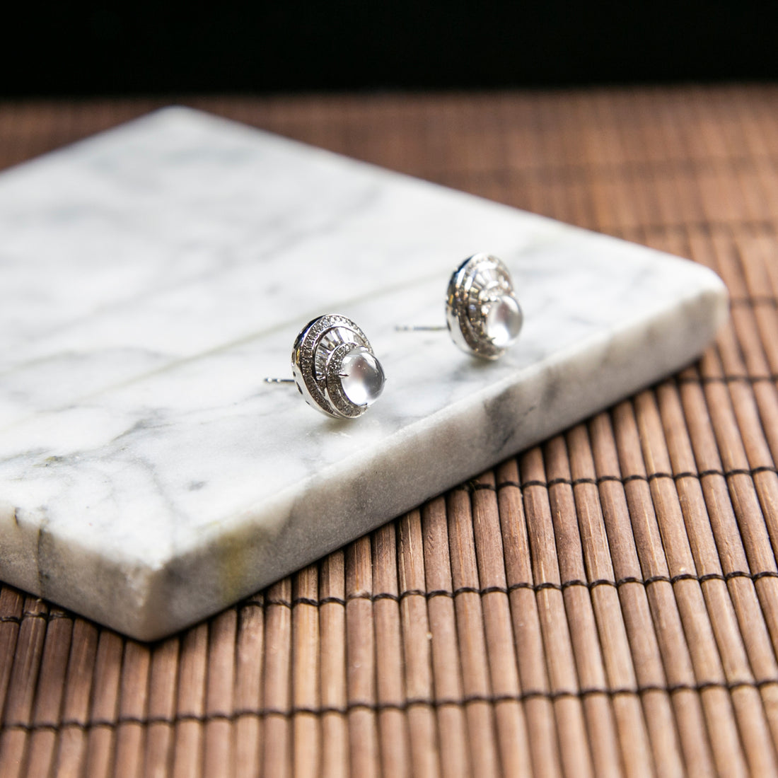 18K Platinum Diamond Natural Burmese Jade Glassy Cabochon Ear Studs