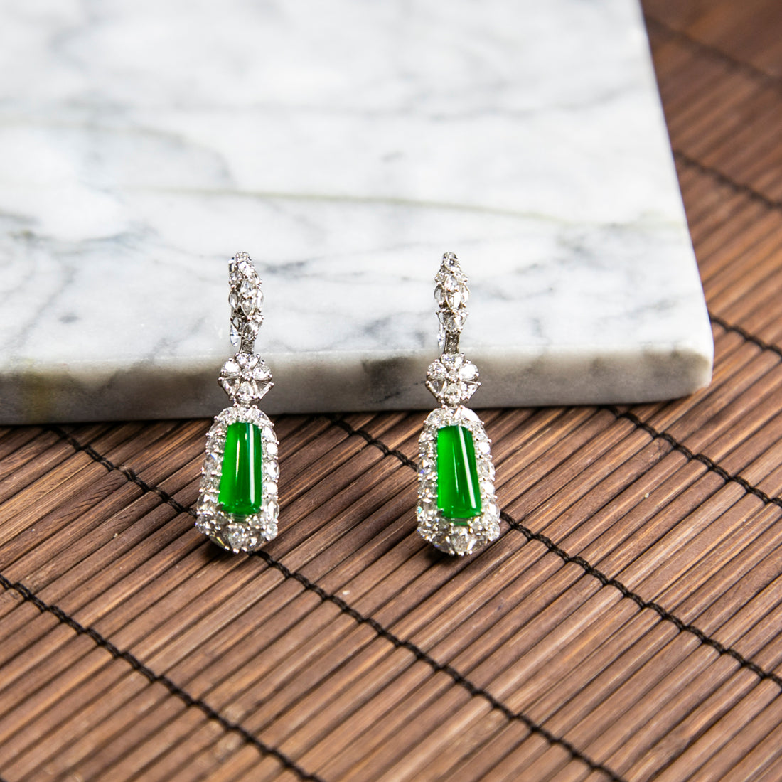 18K Platinum Diamond Natural Burmese Jade Imperial Green Earrings
