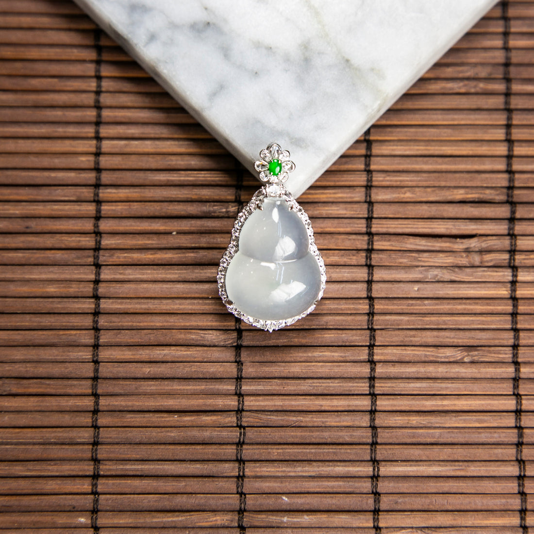 18K Platinum Diamond Natural Burmese Jade Glassy Gourd Pendant