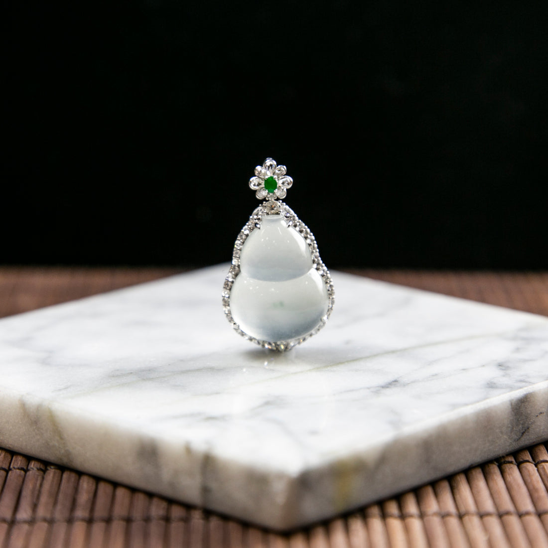 18K Platinum Diamond Natural Burmese Jade Glassy Gourd Pendant