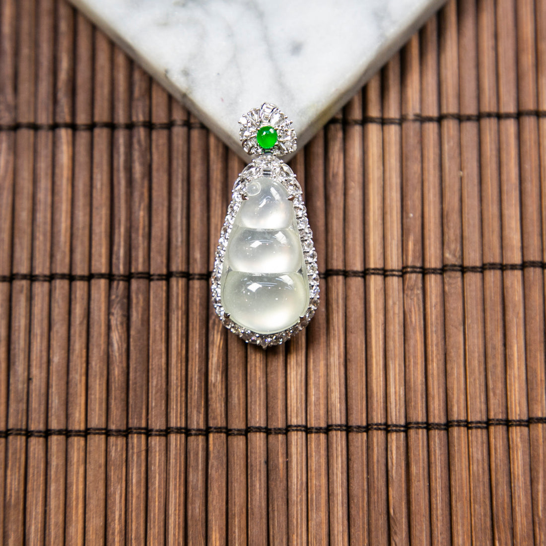 18K Platinum Diamond Natural Burmese Jade Glassy Bean Pendant