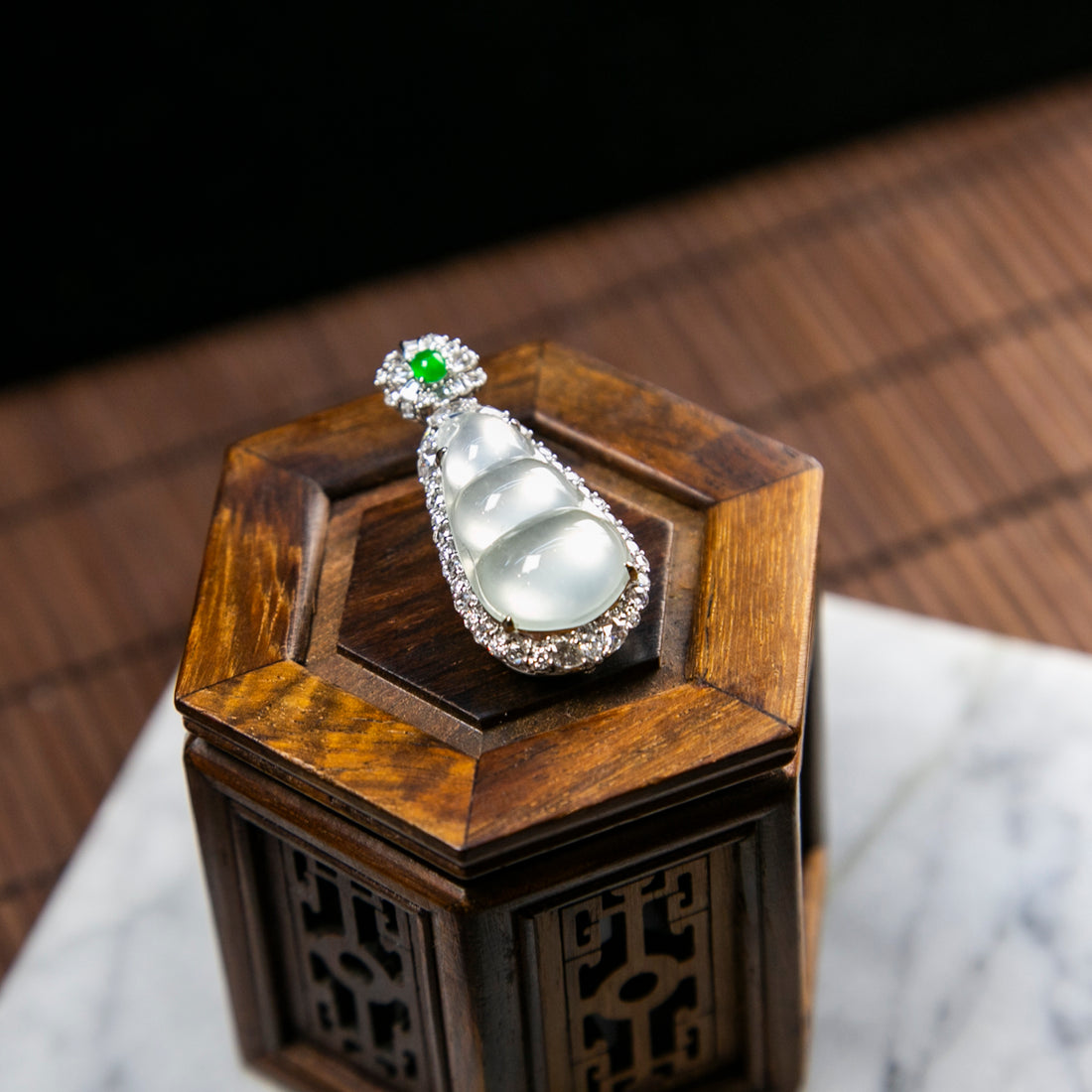 18K Platinum Diamond Natural Burmese Jade Glassy Bean Pendant