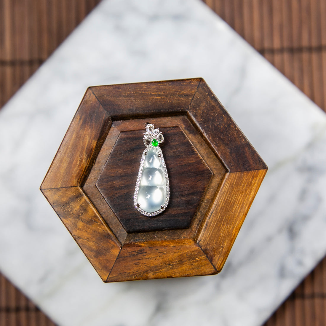 18K Platinum Diamond Natural Burmese Jade Glassy Bean Pendant