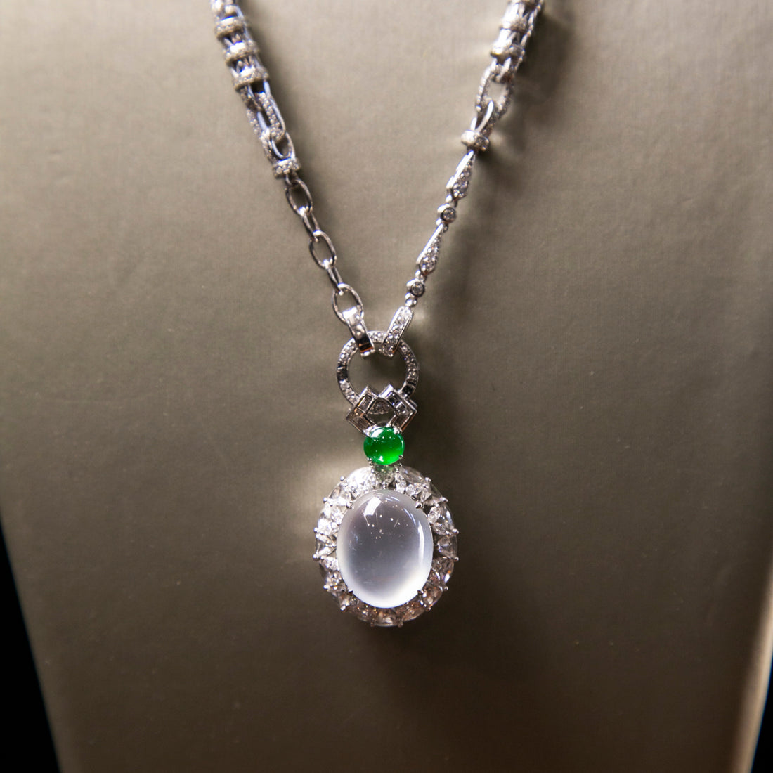 18K Platinum Diamond Natural Burmese Jade Glassy Cabochon Pendant