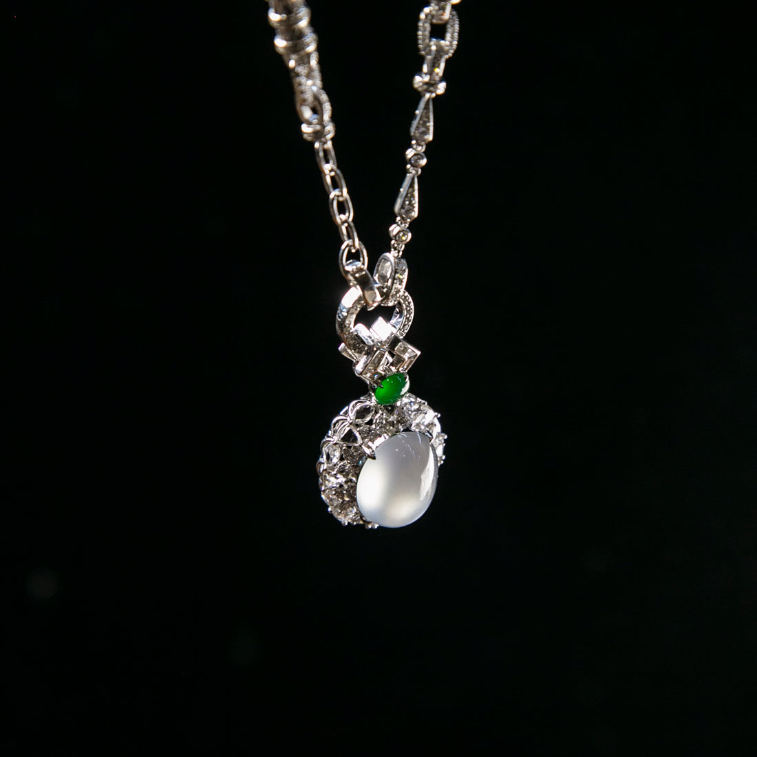 18K Platinum Diamond Natural Burmese Jade Glassy Cabochon Pendant