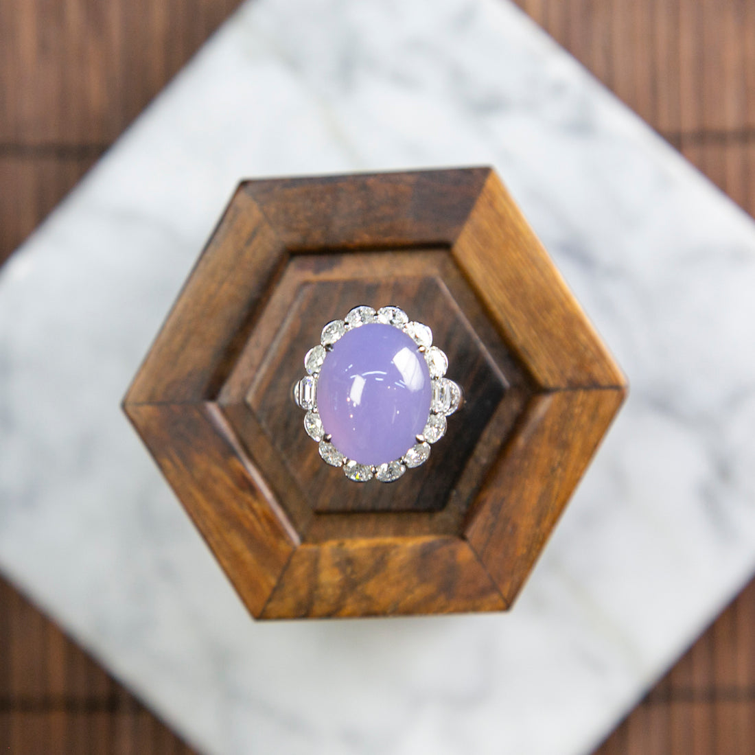 18K Platinum Diamond Natural Burmese Jade Full Purple Cabochon Ring