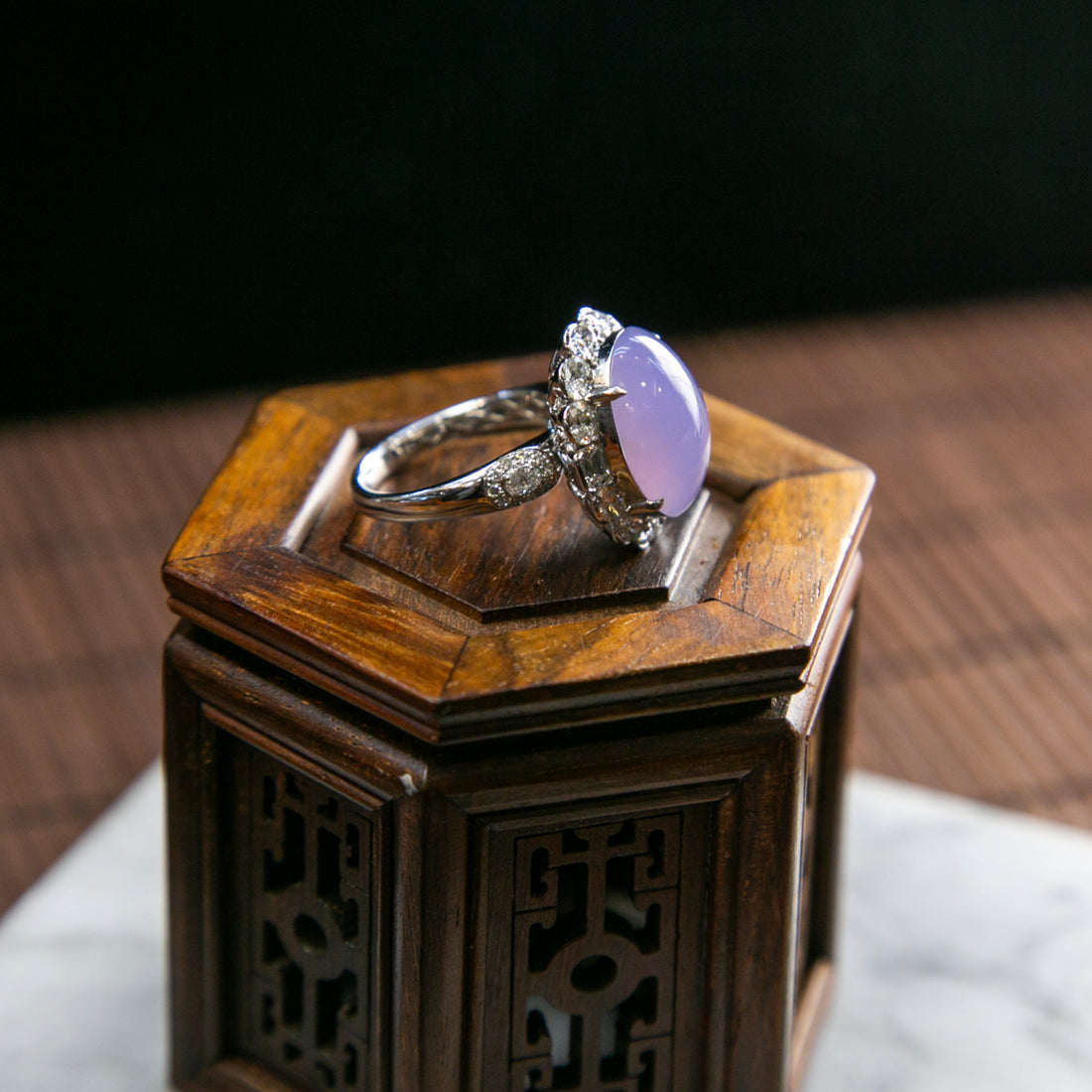 18K Platinum Diamond Natural Burmese Jade Full Purple Cabochon Ring