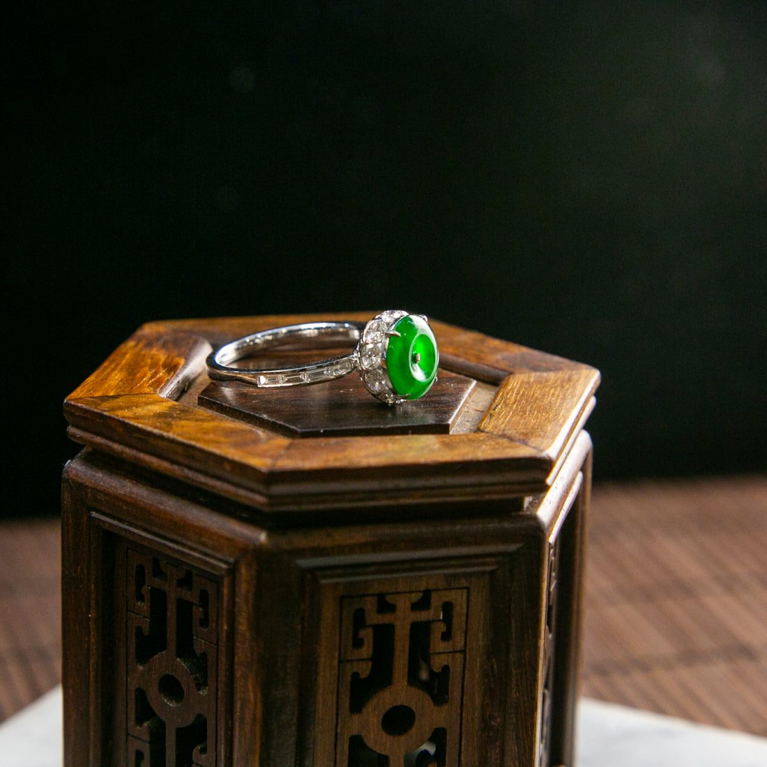 18K Platinum Diamond Natural Burmese Jade Imperial Green Ping An Donut Ring