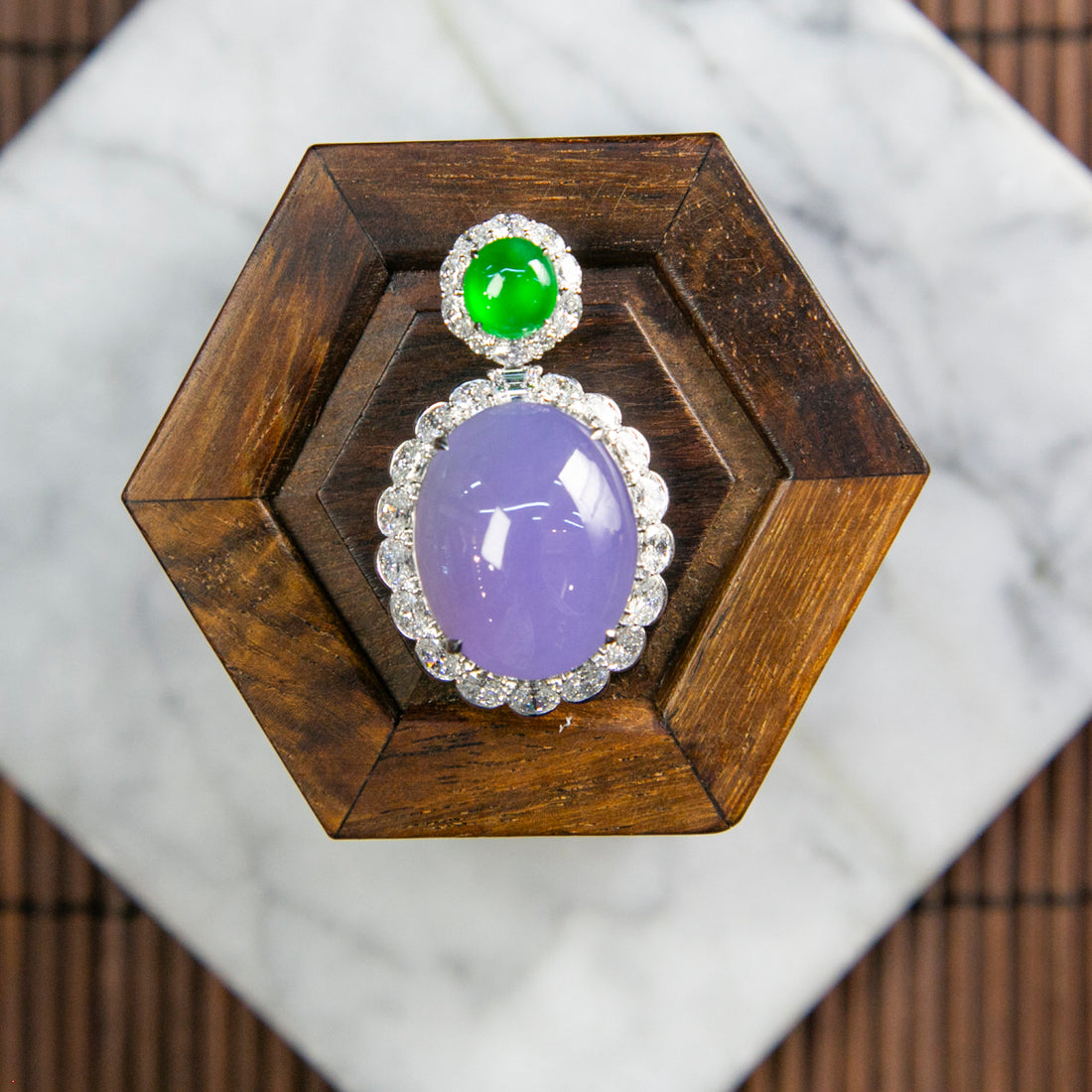 18K Platinum Diamond Natural Burmese Jade Icy Bright Purple & Green Cabochon Pendant