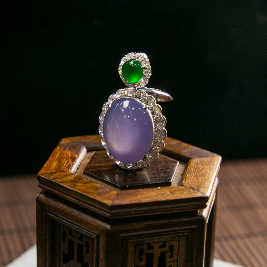 18K Platinum Diamond Natural Burmese Jade Icy Bright Purple & Green Cabochon Pendant