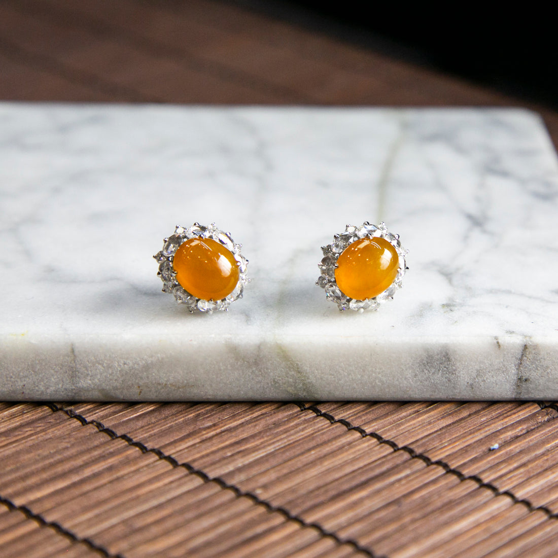 18K Platinum Diamond Natural Burmese Jade Icy Orange Cabochon Ear Studs