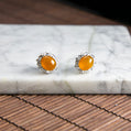 18K Platinum Diamond Natural Burmese Jade Icy Orange Cabochon Ear Studs