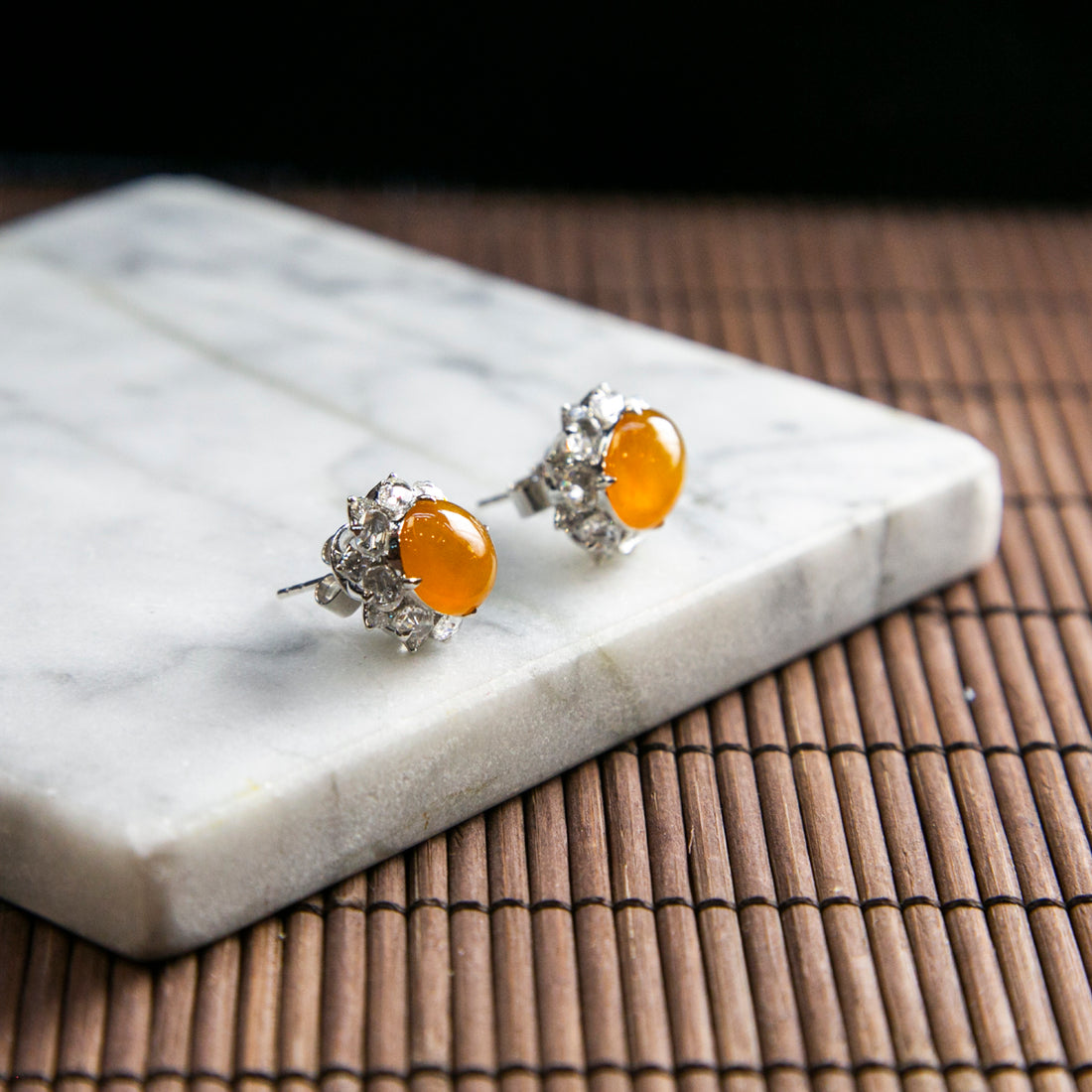 18K Platinum Diamond Natural Burmese Jade Icy Orange Cabochon Ear Studs
