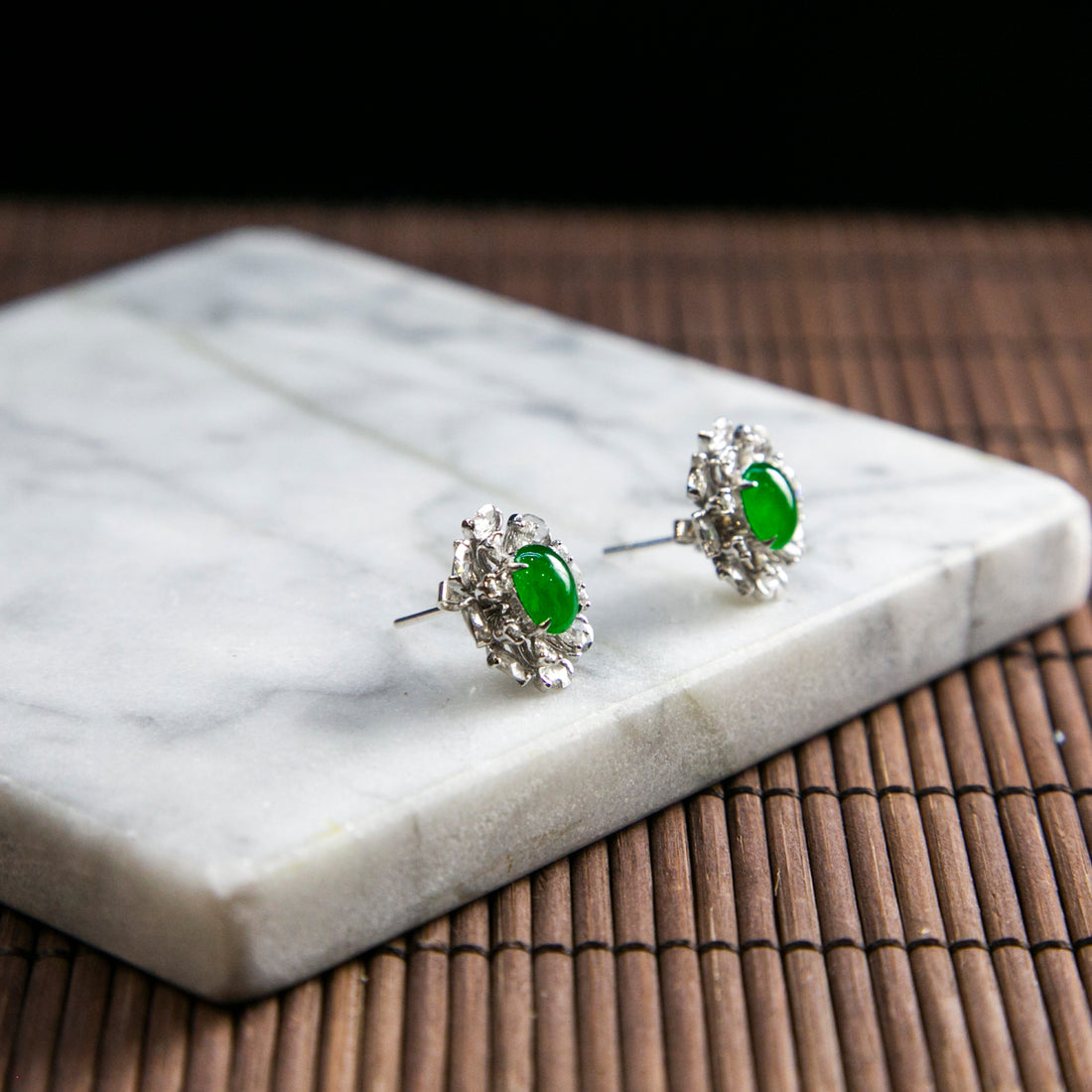 18K Platinum Diamond Natural Burmese Jade Imperial Green Cabochon Ear Studs