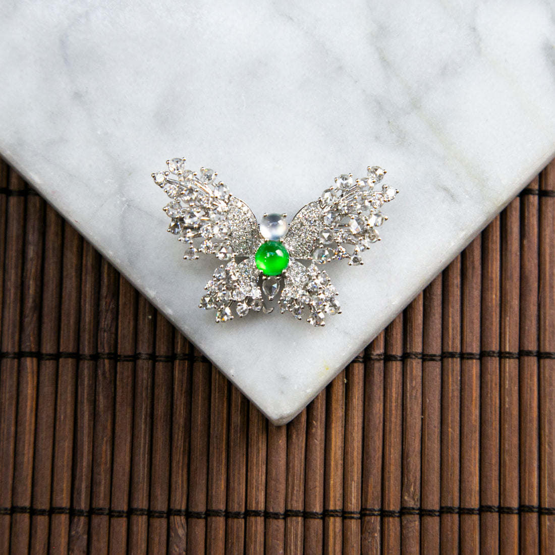 18K Platinum Diamond Natural Burmese Jade Icy Green and White Cabochon Butterfly Design Pin & Ring
