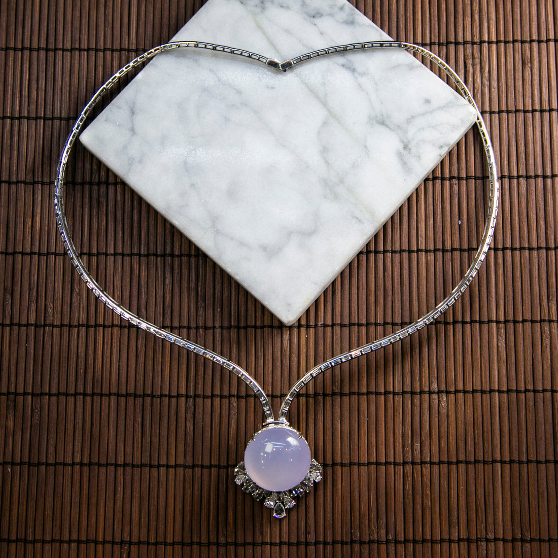 18K Platinum Diamond Natural Burmese Jade Icy Purple Cabochon Necklace