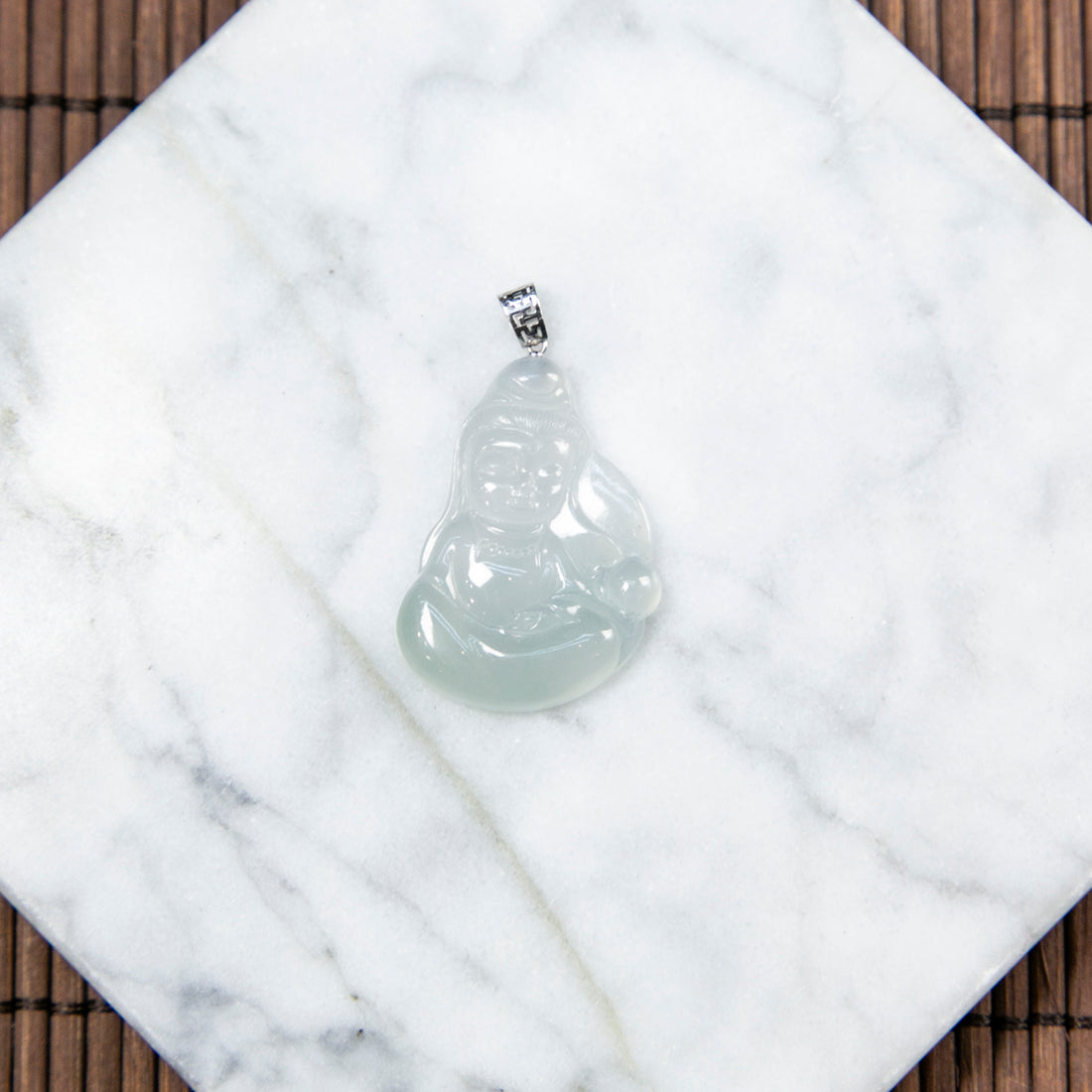 18K Platinum Diamond Natural Burmese Jade Icy Light Green Cartoon Guan Yin Pendant