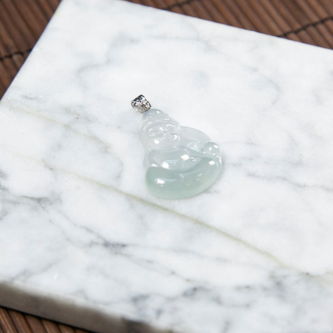 18K Platinum Diamond Natural Burmese Jade Icy Light Green Cartoon Guan Yin Pendant