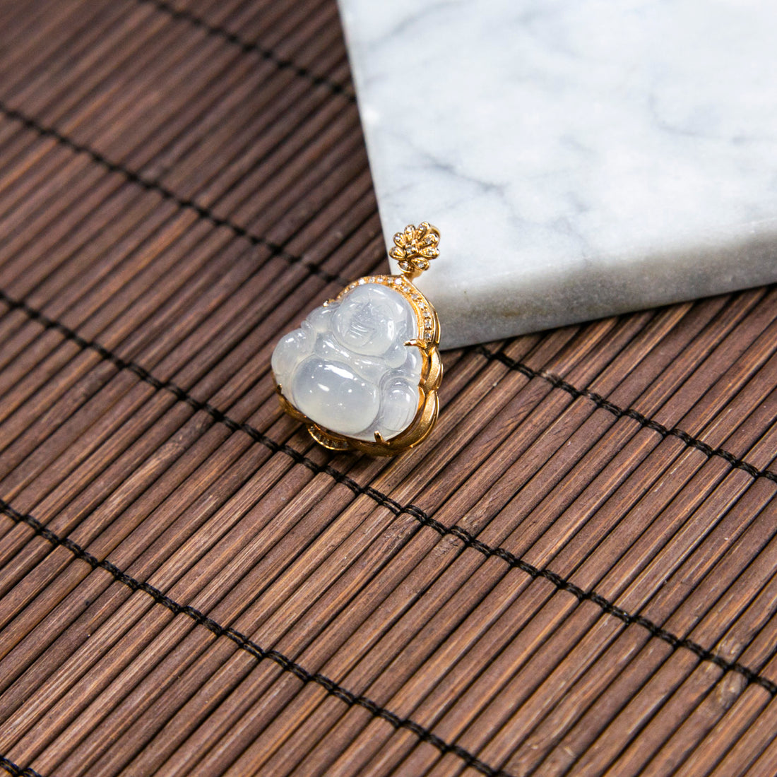 18K Gold Diamond Natural Burmese Jade Icy White Buddha Pendant