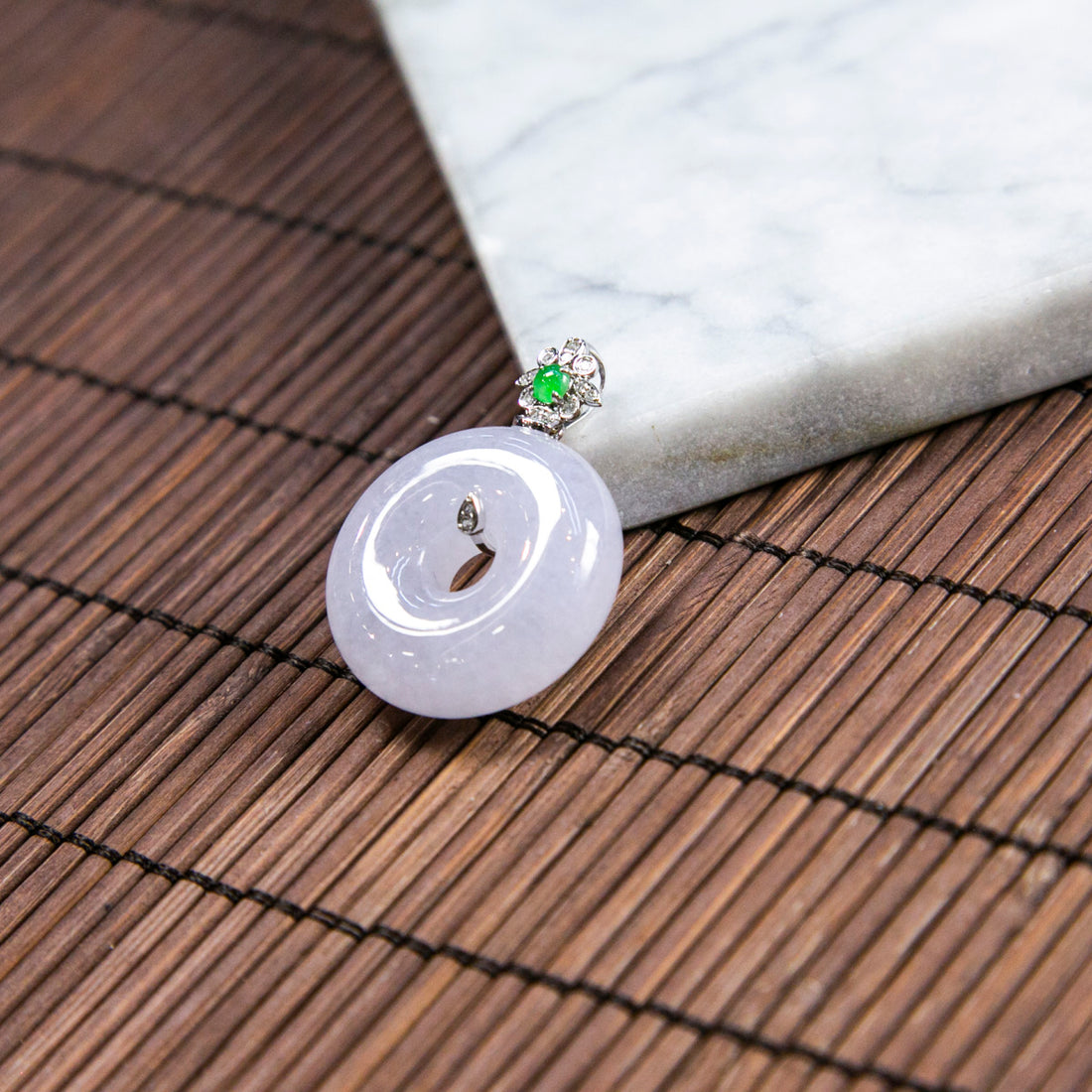 18K Platinum Diamond Natural Burmese Jade Lavender Donut Pendant