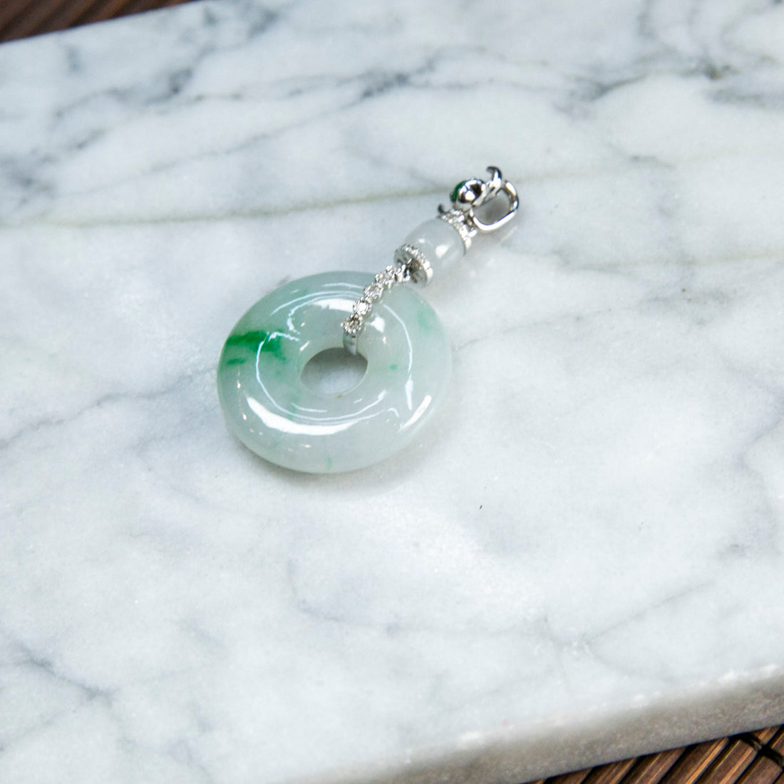 18K Platinum Diamond Natural Burmese Jade White & Green Donut Pendant