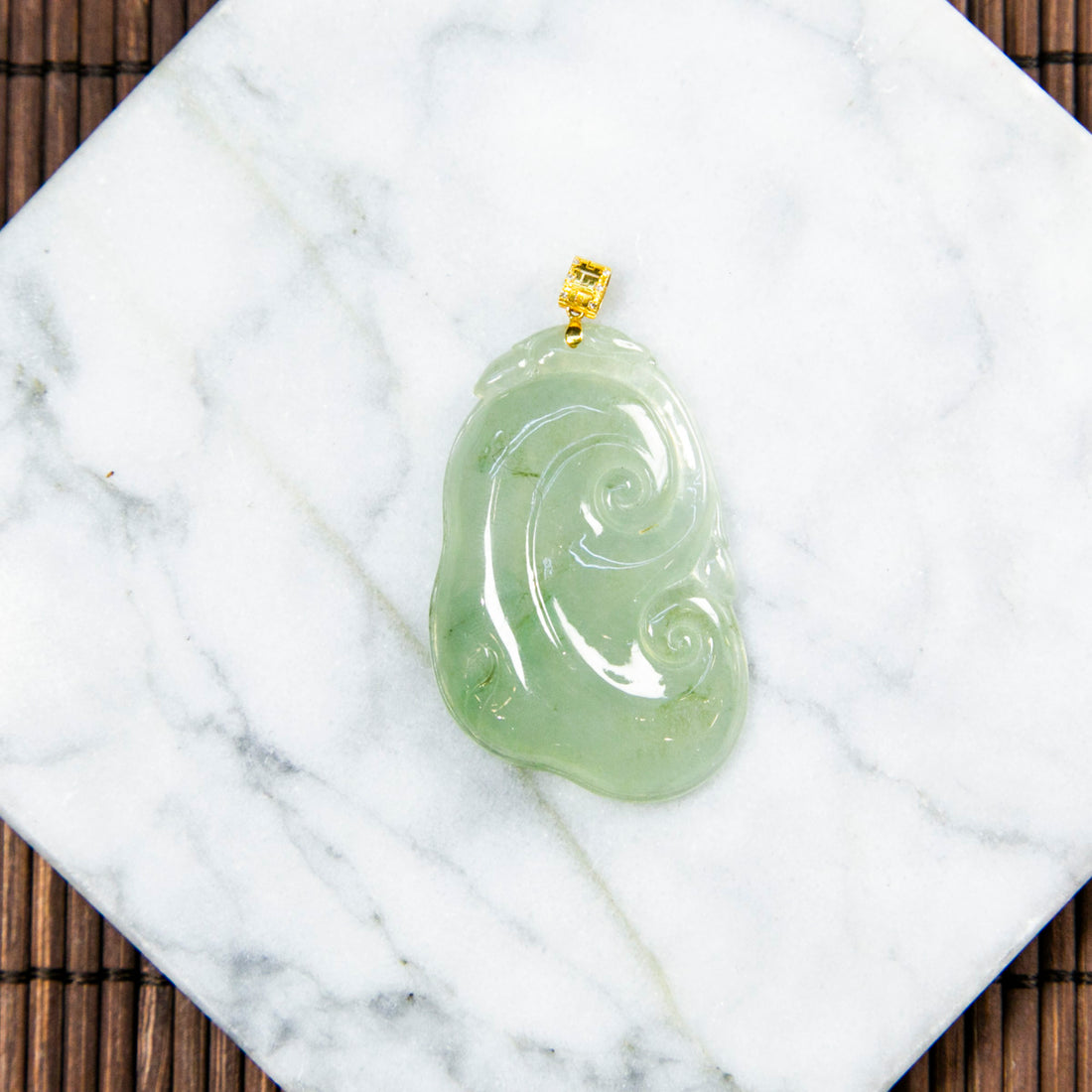 18K Gold Natural Burmese Jade Icy Light Green Ruyi Pendant