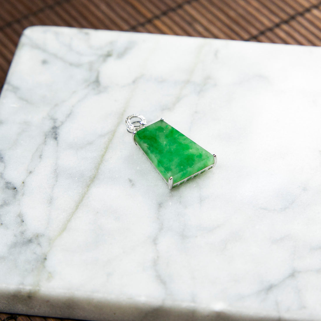 18K Platinum Diamond Natural Burmese Jade Bright Green Pendant