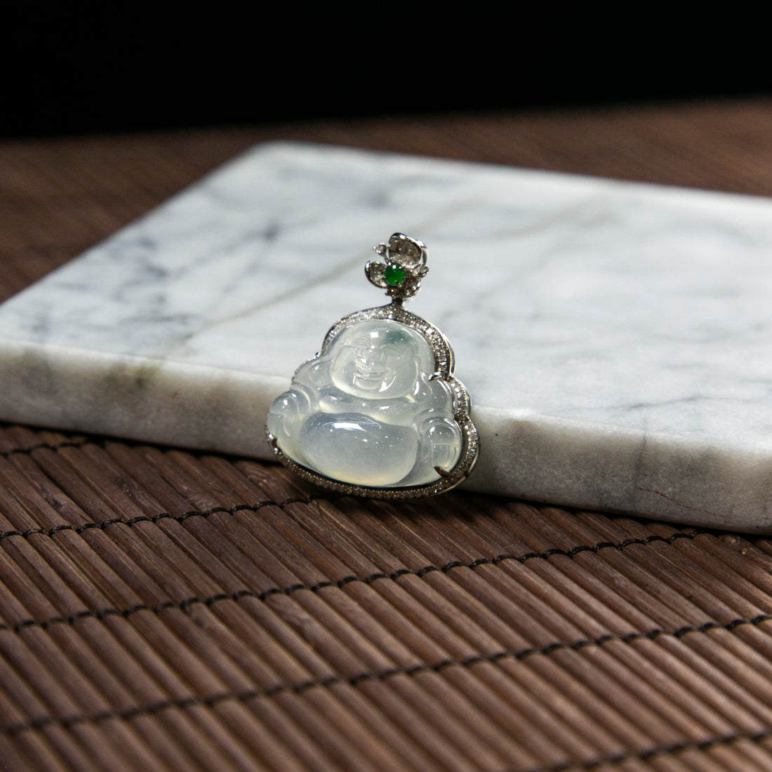 18K Platinum Diamond Natural Burmese Jade Icy White Piao Hua Buddha Pendant