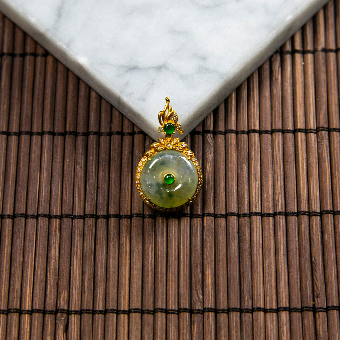 18K Gold Diamond Natural Burmese Jade White Piao Hua Ping An Donut Pendant