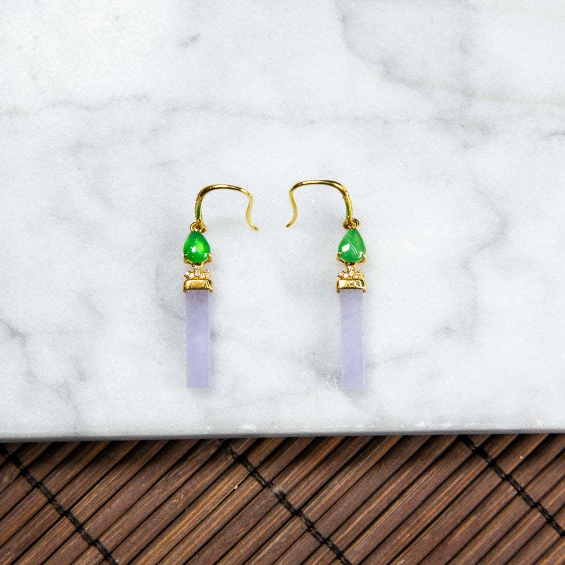 18K Gold Diamond Natural Burmese Jade Icy Purple Long Shaped Ear Studs