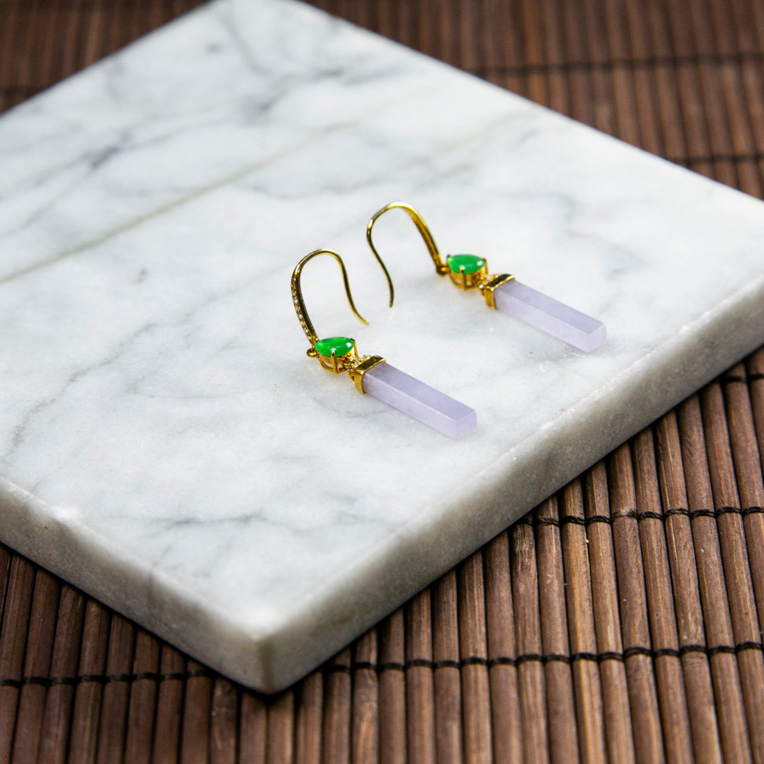 18K Gold Diamond Natural Burmese Jade Icy Purple Long Shaped Ear Studs