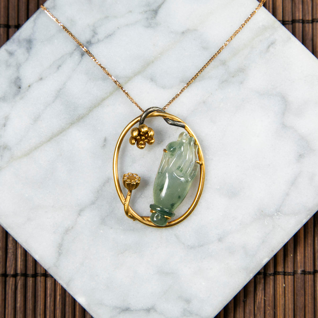 18K Gold Diamond Natural Burmese Jade White Piao Hua Buddha's Hand Pendant